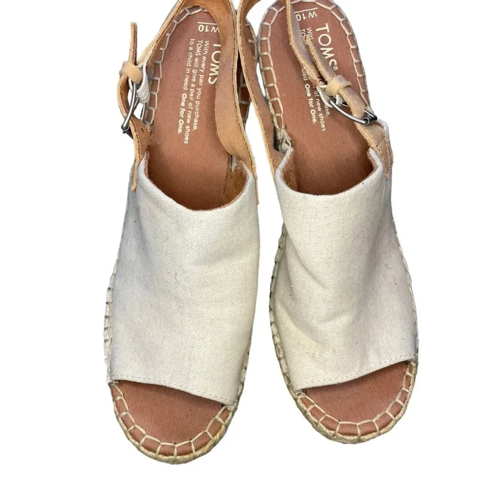 Tom's Monica Wedge Espadrille Adjustable Strap Creme Color Open Toe Size 10